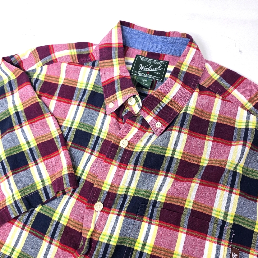 Woolrich Men's Short Sleeve Button Down Shirt‎ Size XL Red Yellow Plaid Cotton.